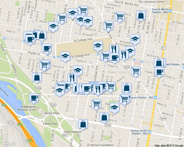 map of restaurants, bars, coffee shops, grocery stores, and more near 837 N Woodstock St in Philadelphia
