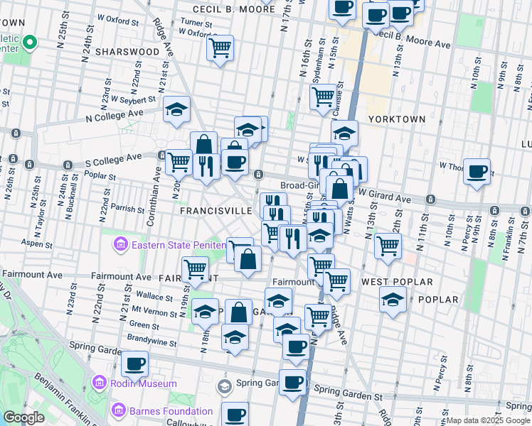 map of restaurants, bars, coffee shops, grocery stores, and more near 1625 Ogden Street in Philadelphia