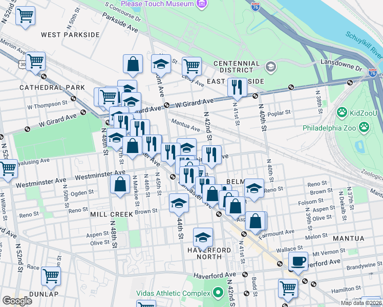 map of restaurants, bars, coffee shops, grocery stores, and more near 917 North 43rd Street in Philadelphia