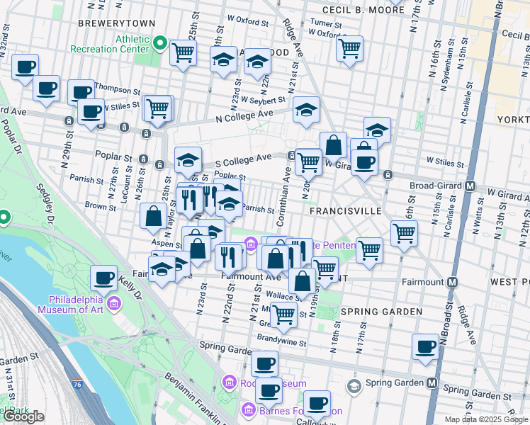 map of restaurants, bars, coffee shops, grocery stores, and more near 836 North Woodstock Street in Philadelphia