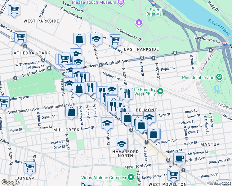 map of restaurants, bars, coffee shops, grocery stores, and more near 4256 Pennsgrove Street in Philadelphia