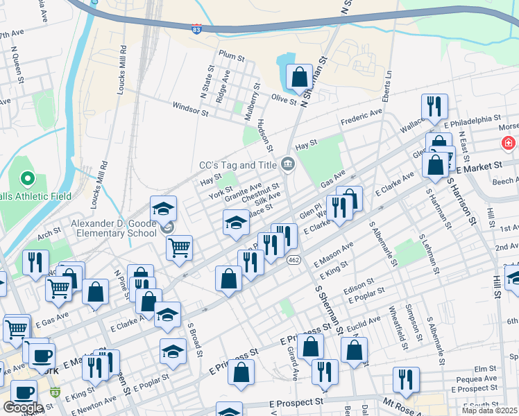 map of restaurants, bars, coffee shops, grocery stores, and more near 719 Wallace Street in York