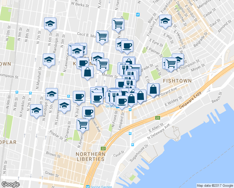 map of restaurants, bars, coffee shops, grocery stores, and more near 110 West Thompson Street in Philadelphia