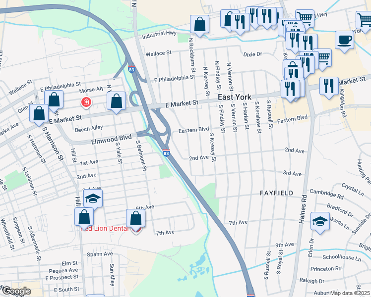 map of restaurants, bars, coffee shops, grocery stores, and more near 108 South Marshall Street in East York
