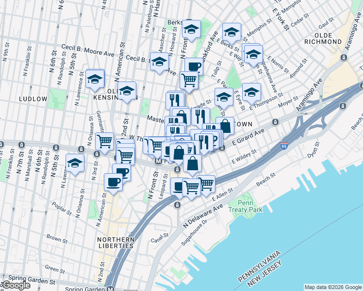 map of restaurants, bars, coffee shops, grocery stores, and more near 1242 Crease Street in Philadelphia