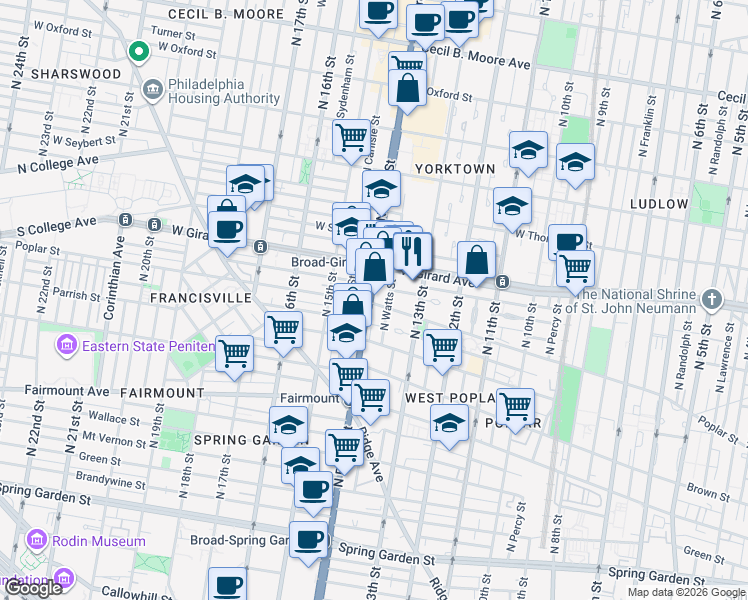 map of restaurants, bars, coffee shops, grocery stores, and more near 1330 West Girard Avenue in Philadelphia