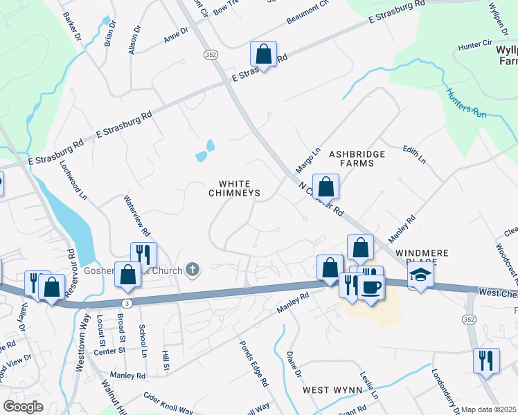 map of restaurants, bars, coffee shops, grocery stores, and more near 1591 White Chimney Road in West Chester