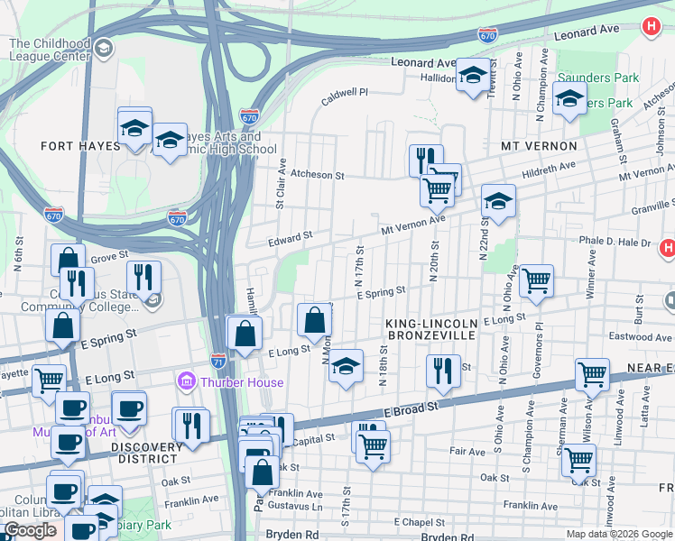 map of restaurants, bars, coffee shops, grocery stores, and more near 263 North Monroe Avenue in Columbus