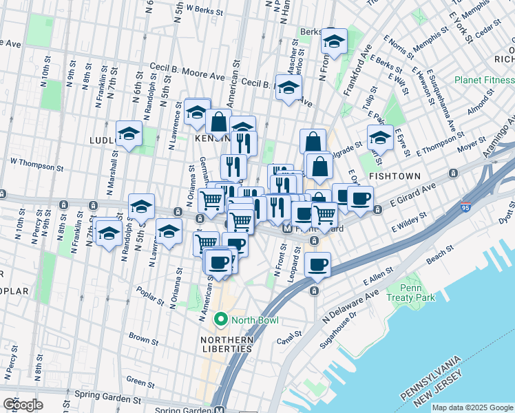 map of restaurants, bars, coffee shops, grocery stores, and more near 1233 North Hancock Street in Philadelphia