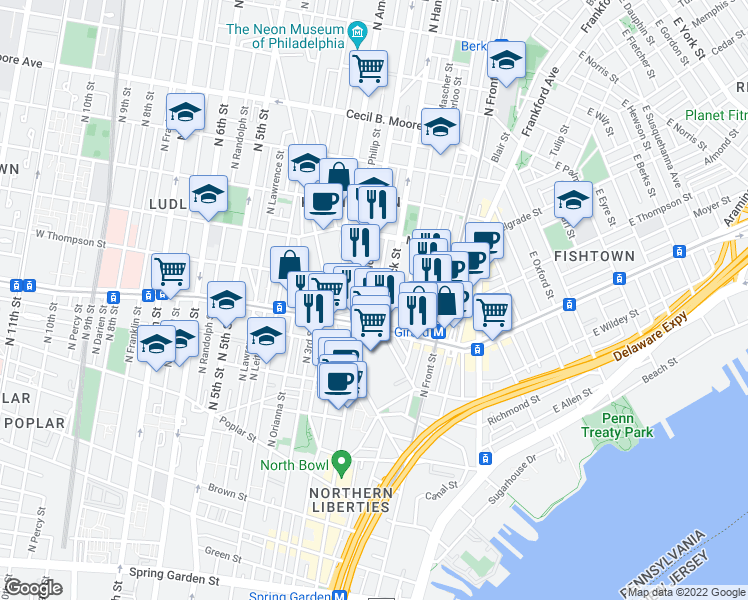 map of restaurants, bars, coffee shops, grocery stores, and more near 1230 North Palethorp Street in Philadelphia