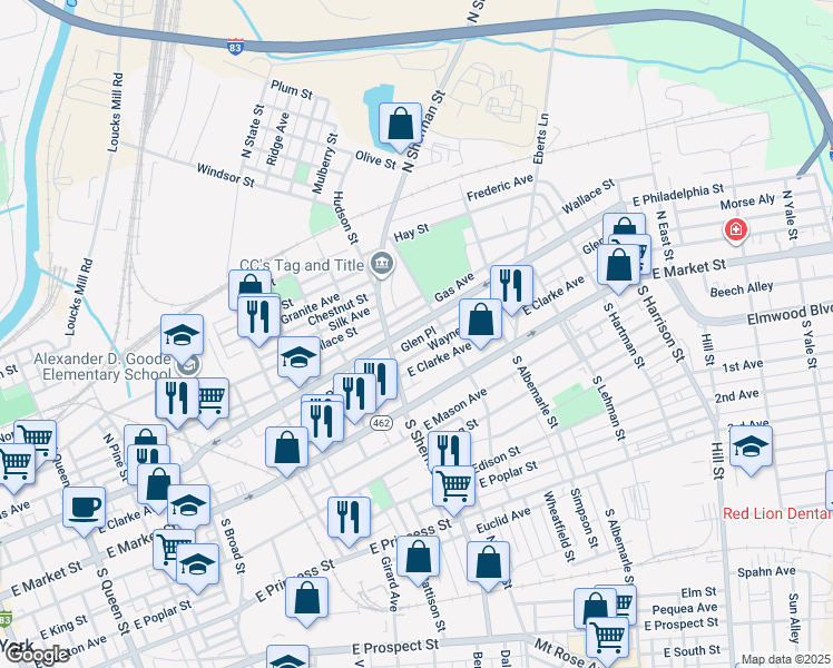 map of restaurants, bars, coffee shops, grocery stores, and more near 832 East Philadelphia Street in York