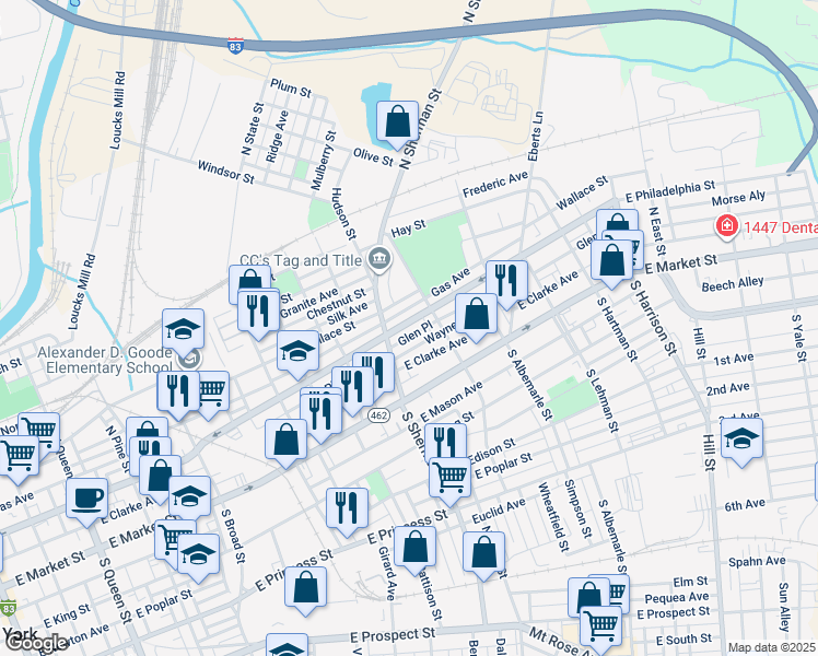 map of restaurants, bars, coffee shops, grocery stores, and more near 830 East Philadelphia Street in York