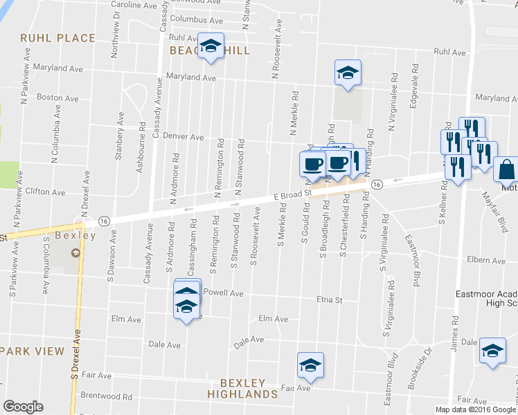 map of restaurants, bars, coffee shops, grocery stores, and more near 2795 East Broad Street in Bexley
