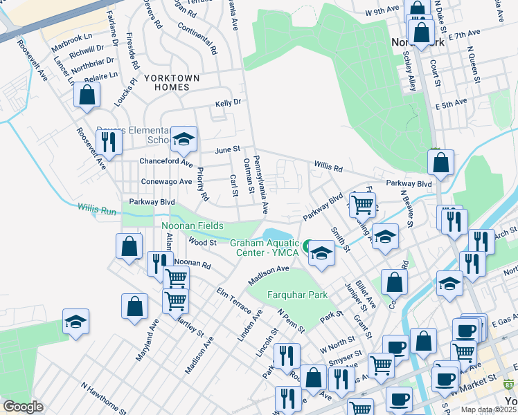 map of restaurants, bars, coffee shops, grocery stores, and more near 704 Priority Road in York