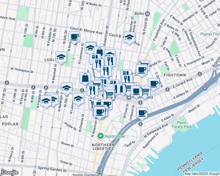 map of restaurants, bars, coffee shops, grocery stores, and more near 1230 North Palethorp Street in Philadelphia