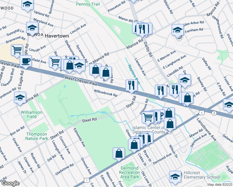 map of restaurants, bars, coffee shops, grocery stores, and more near 547 Willowbrook Road in Havertown