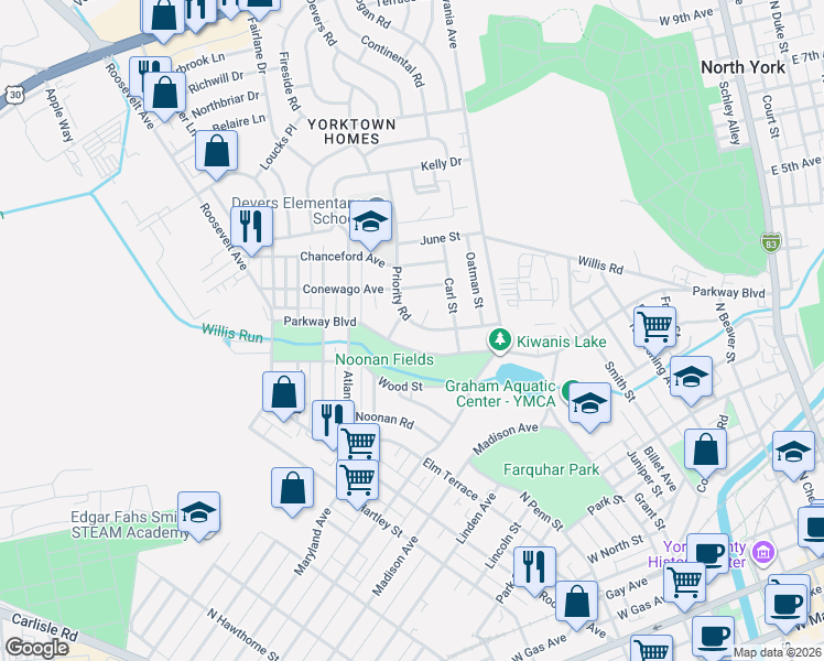map of restaurants, bars, coffee shops, grocery stores, and more near 747 Priority Road in York