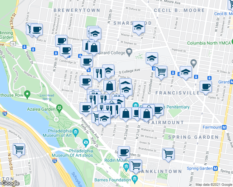 map of restaurants, bars, coffee shops, grocery stores, and more near 817 North Judson Street in Philadelphia