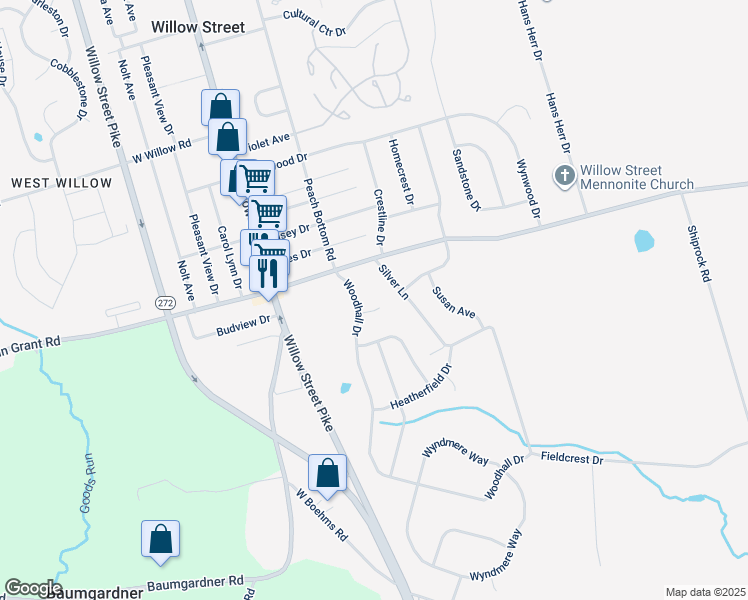 map of restaurants, bars, coffee shops, grocery stores, and more near 25 Greystone Circle in Willow Street