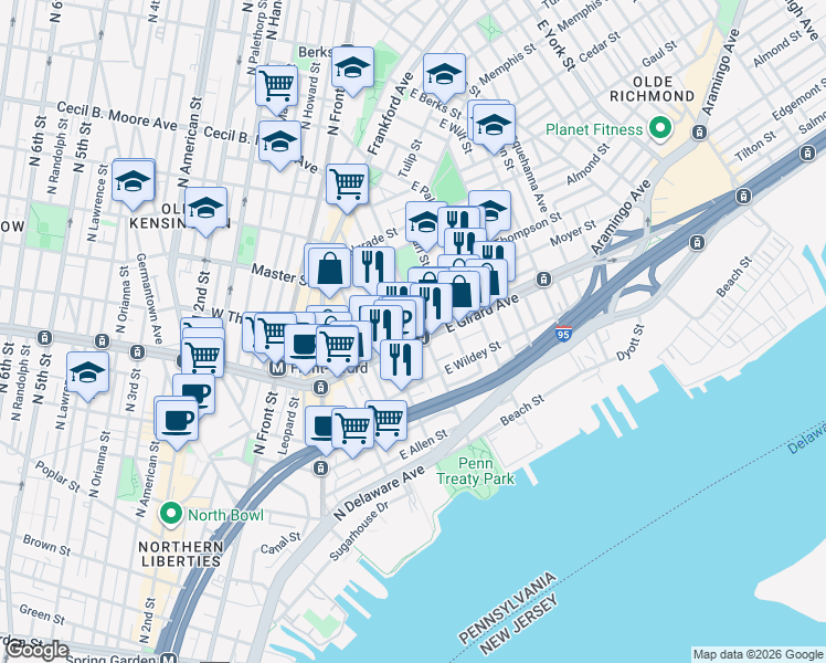 map of restaurants, bars, coffee shops, grocery stores, and more near in Philadelphia