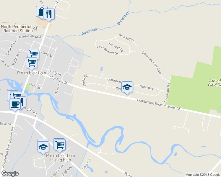 map of restaurants, bars, coffee shops, grocery stores, and more near 141 Kinsley Road in Pemberton