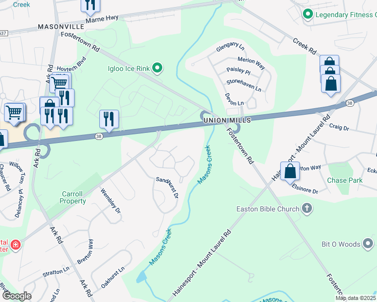 map of restaurants, bars, coffee shops, grocery stores, and more near 1105 Yarmouth Lane in Mount Laurel Township