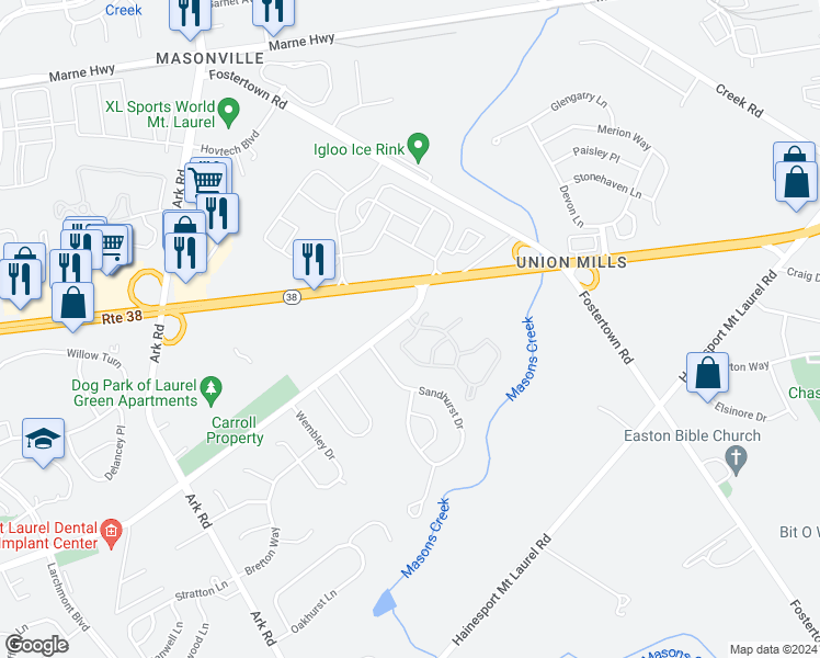 map of restaurants, bars, coffee shops, grocery stores, and more near 3807A Fenwick Lane in Mount Laurel Township