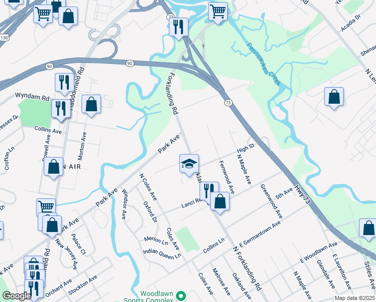 map of restaurants, bars, coffee shops, grocery stores, and more near 839 Forklanding Road in Cinnaminson