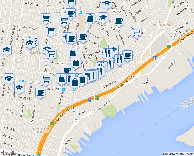 map of restaurants, bars, coffee shops, grocery stores, and more near in Philadelphia