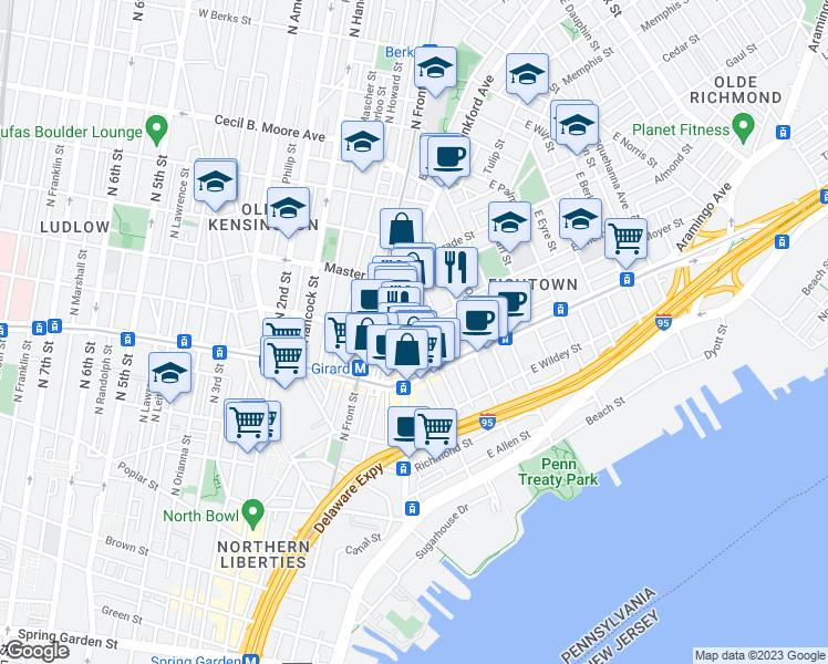 map of restaurants, bars, coffee shops, grocery stores, and more near 1242 Crease Street in Philadelphia