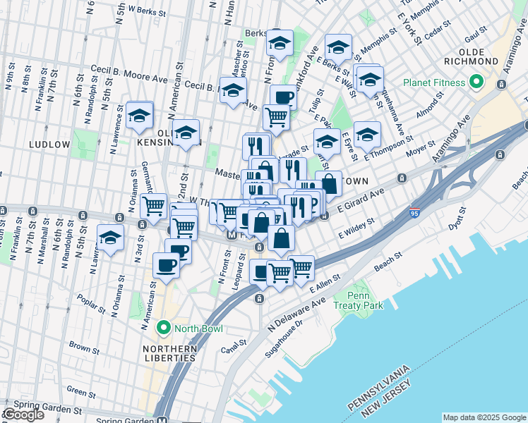 map of restaurants, bars, coffee shops, grocery stores, and more near 1242 Crease Street in Philadelphia