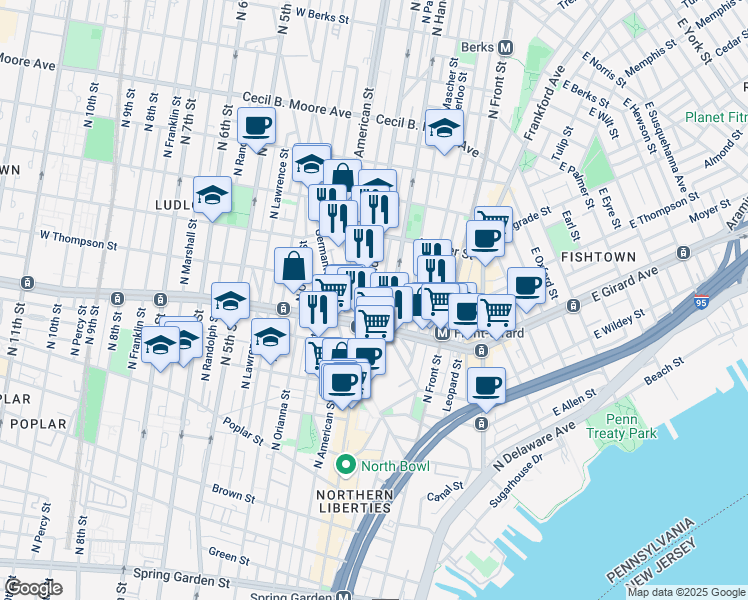 map of restaurants, bars, coffee shops, grocery stores, and more near 1220 North 2nd Street in Philadelphia