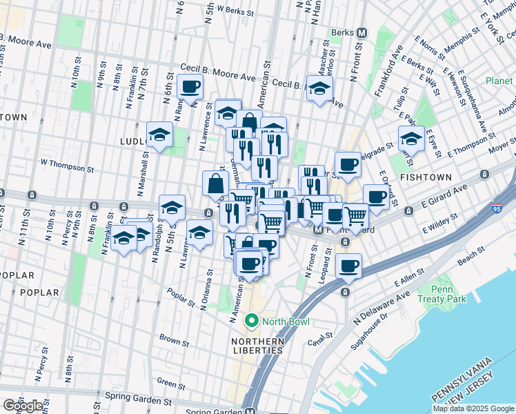 map of restaurants, bars, coffee shops, grocery stores, and more near 1220 North 2nd Street in Philadelphia