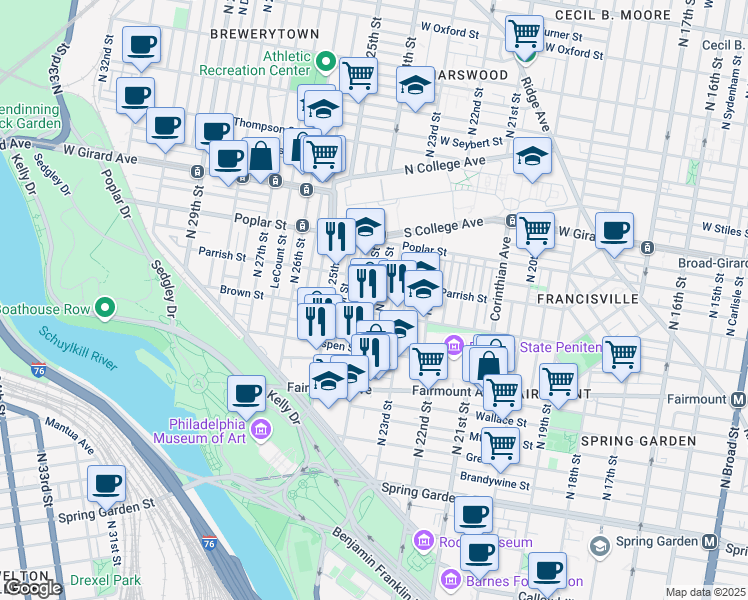 map of restaurants, bars, coffee shops, grocery stores, and more near 822 North Judson Street in Philadelphia