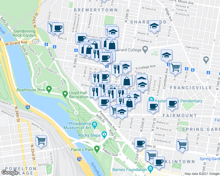 map of restaurants, bars, coffee shops, grocery stores, and more near 811 North Stillman Street in Philadelphia