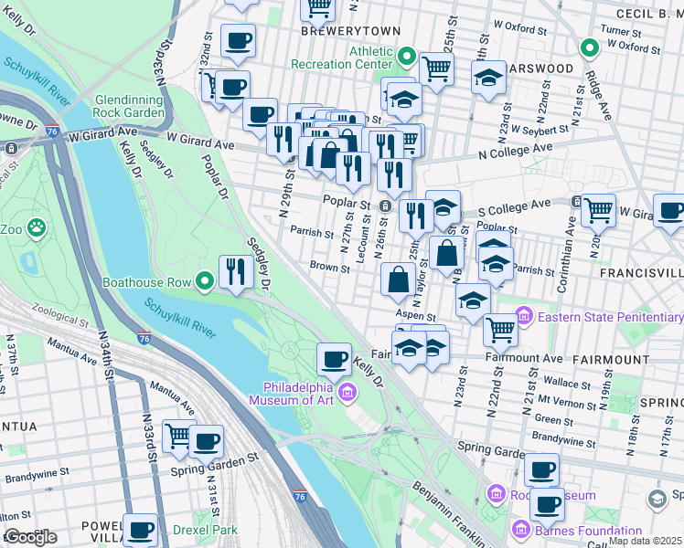 map of restaurants, bars, coffee shops, grocery stores, and more near 2704 Brown Street in Philadelphia