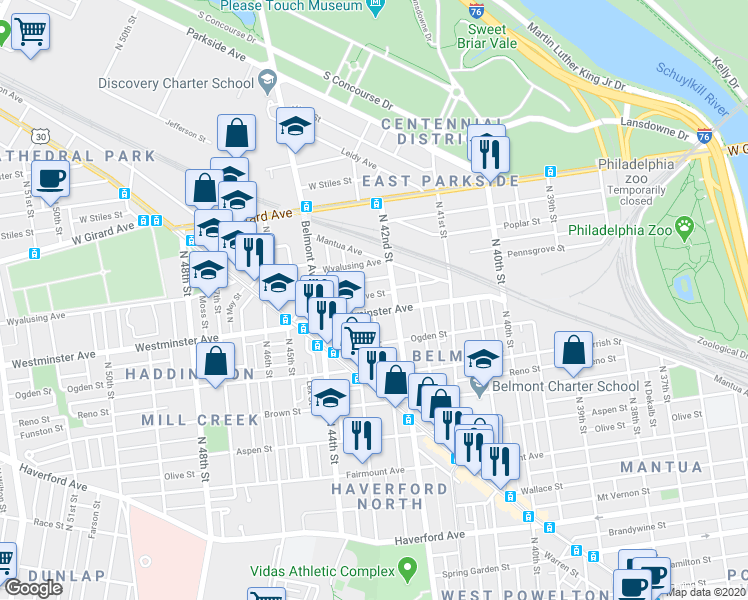 map of restaurants, bars, coffee shops, grocery stores, and more near 918 North 42nd Street in Philadelphia