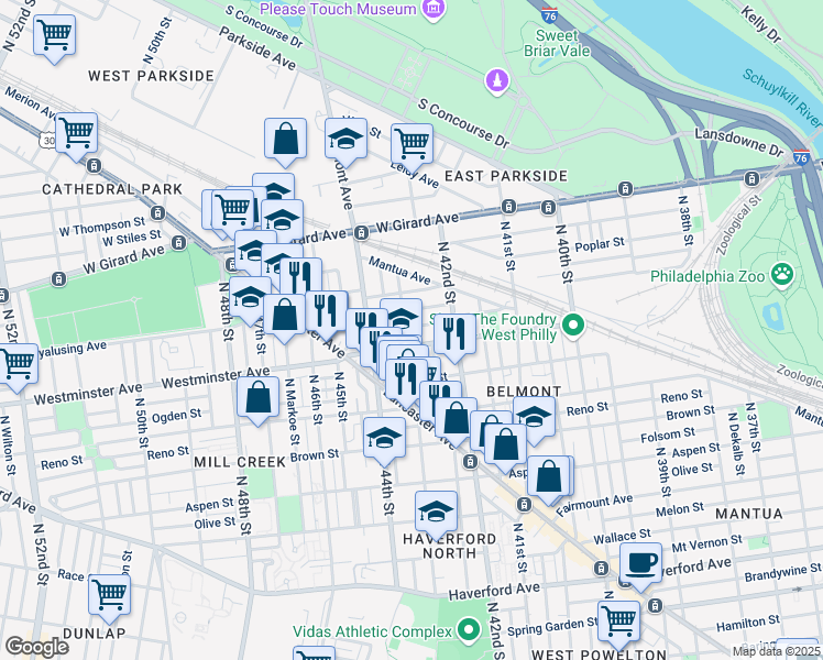 map of restaurants, bars, coffee shops, grocery stores, and more near 921 North 43rd Street in Philadelphia