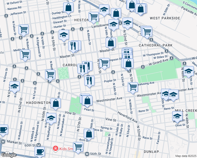 map of restaurants, bars, coffee shops, grocery stores, and more near 5512 Cambridge Street in Philadelphia