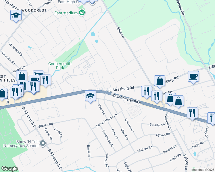 map of restaurants, bars, coffee shops, grocery stores, and more near 202 Joy Lane in West Chester