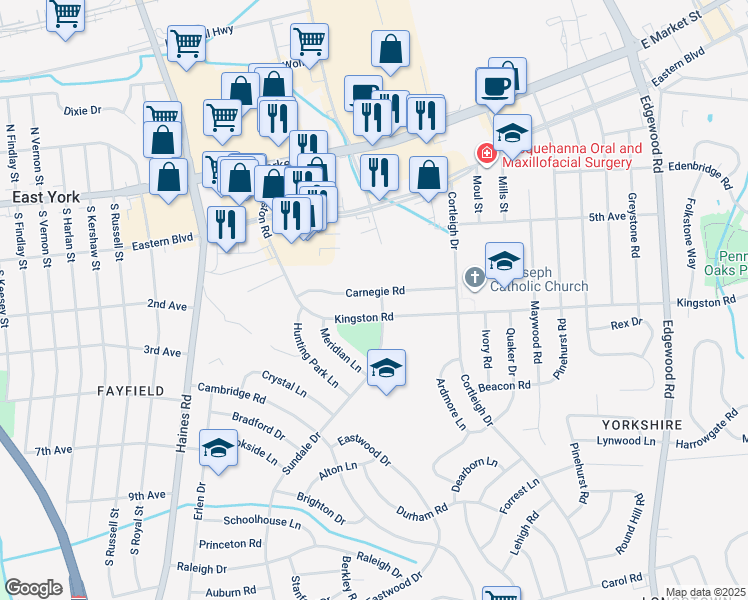 map of restaurants, bars, coffee shops, grocery stores, and more near 2680 Carnegie Road in East York