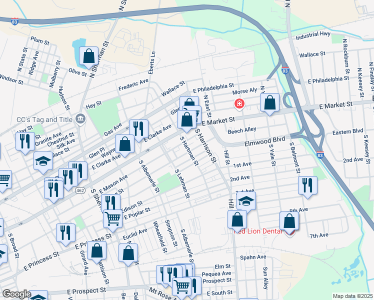 map of restaurants, bars, coffee shops, grocery stores, and more near 40 South Hartman Street in York