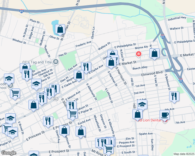 map of restaurants, bars, coffee shops, grocery stores, and more near 1100 East Market Street in York