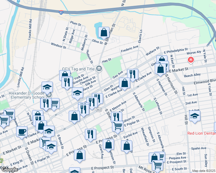 map of restaurants, bars, coffee shops, grocery stores, and more near 838 East Philadelphia Street in York