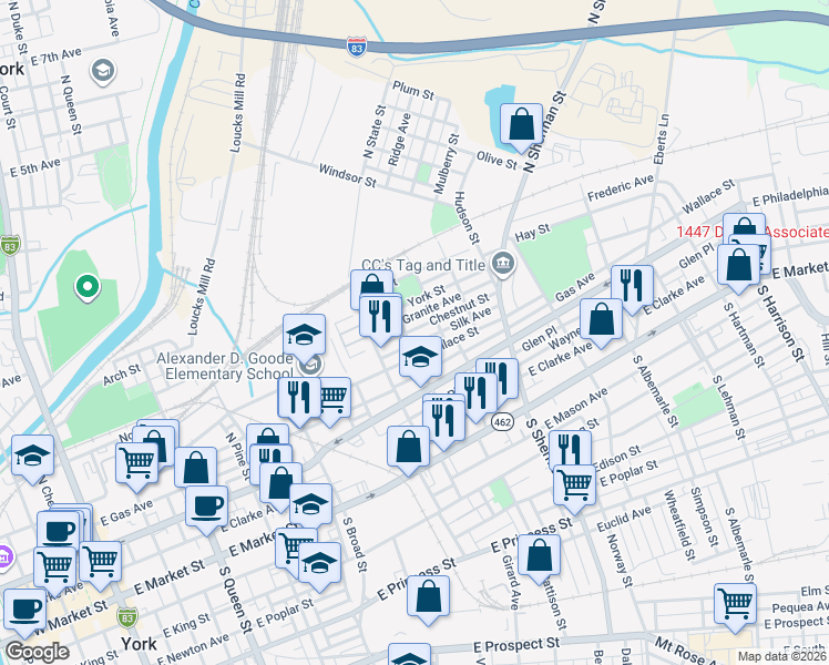 map of restaurants, bars, coffee shops, grocery stores, and more near 665 Chestnut Street in York