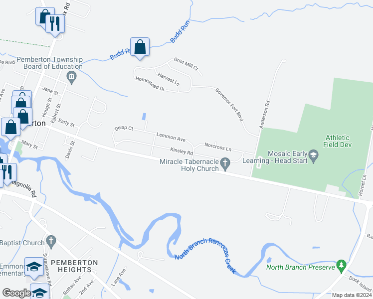 map of restaurants, bars, coffee shops, grocery stores, and more near 168 Kinsley Road in Pemberton