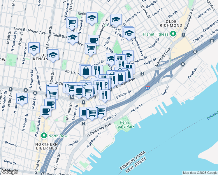 map of restaurants, bars, coffee shops, grocery stores, and more near 401 East Girard Avenue in Philadelphia