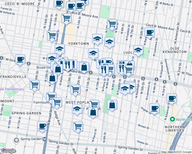 map of restaurants, bars, coffee shops, grocery stores, and more near 963 North 11th Street in Philadelphia