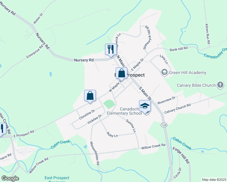 map of restaurants, bars, coffee shops, grocery stores, and more near 40 West Maple Street in Wrightsville