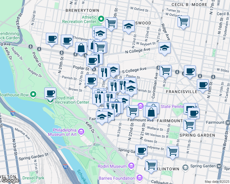 map of restaurants, bars, coffee shops, grocery stores, and more near 815 North 24th Street in Philadelphia